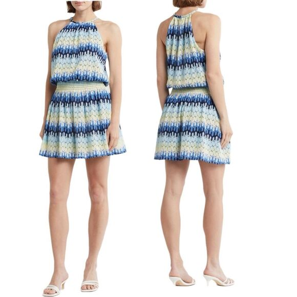 NWT Ramy Brook “Leona” halter knit mini dress in blue hues  Size L - Picture 1 of 13
